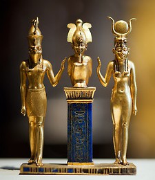 22nd dynasty; Isis and Horus protect Osiris, seated on a lapis lazuli pillar
